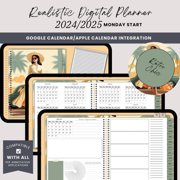 Realistic Digital Planner 2024 2025 with Google and Apple Calendar Integration iPad Android | Retro Chic