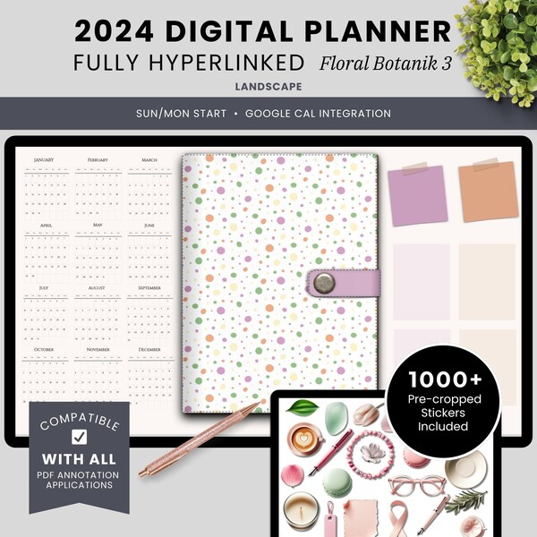 Digital Planner with Google Calendar Integration, iPad, Android - Daily, Weekly, Monthly Journal with 1000+ Digital Stickers Floral Botanik3