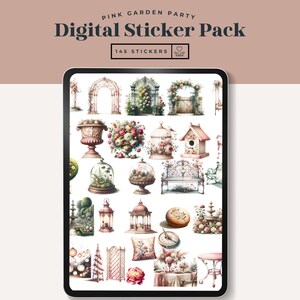 Digital Planner Stickers Pink Garden Party Theme, Goodnotes Stickers, Pre Cropped Digital Stickers, Transparent PNG Stickers