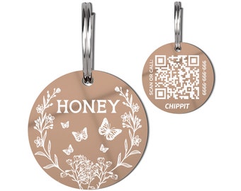 Stainless Steel Personalized Pet ID Tag with QR Code Linking to Online Profile, Butterfly Pet Tag, Dog Tag, Custom Pet Tag, Made in US