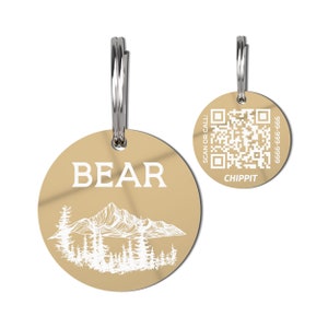 Stainless Steel Personalized Pet ID Tag with QR Code Online Profile Cute Mountains Pet Tag Custom Pet Tag Made in the US for Dogs Gold