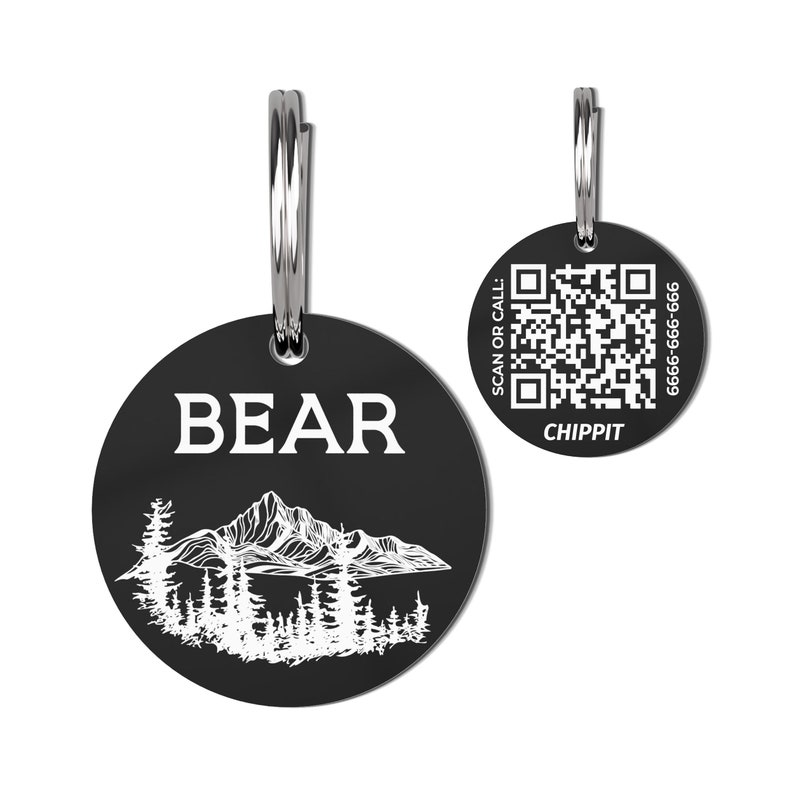 Stainless Steel Personalized Pet ID Tag with QR Code Online Profile Cute Mountains Pet Tag Custom Pet Tag Made in the US for Dogs Black