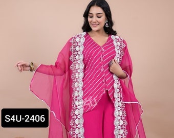 Readymade pink Sharara with long choli and organza jacket, Palazzo with jacket, Sharara with jacket, Indo western dress, Sangeet outfit