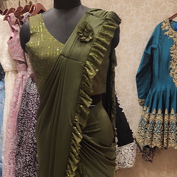 Pre drapped saree with stitched blouse|1 min saree|Asian wedding wear | Stitched Sari|Bollywood Saree|Sari gown |Green Saree| Mehndi Sari