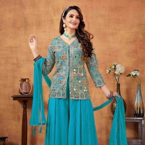 Readymade Sea blue Palazzo with jacket top, Indo western dress, Punjabi Salwar Suit, Sharara Set,Plazzo Suit women, Sharara with jacket