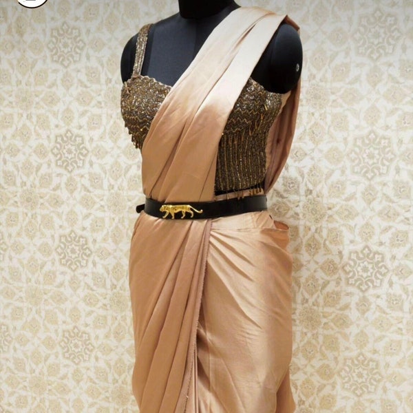 Pre drapped Sabyasachi style saree with stitched blouse, 1 min saree, Asian wedding wear, Stitched Sari, Bollywood Saree, Readymade Sari