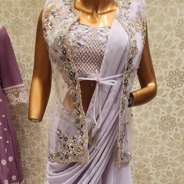 Ready to wear lilac saree with jacket | Sari gown | 1 min saree | Asian wedding wear | Stitched Sari | Bollywood Saree