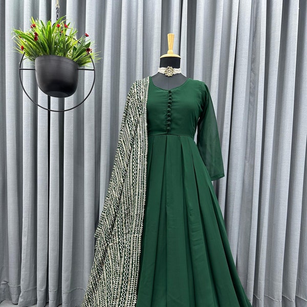 Readymade green gown with sequins dupatta, Punjabi Suit, Kurta for women, Pakistani suit, Indian Anarkali dress, Maxi gown with dupatta