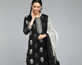 Stitched black Kurta Pant with dupatta, Cotton kurta pant set, Punjabi Salwar Suit. Kurta for women, Pakistani suit, Batik Print Kurta pant