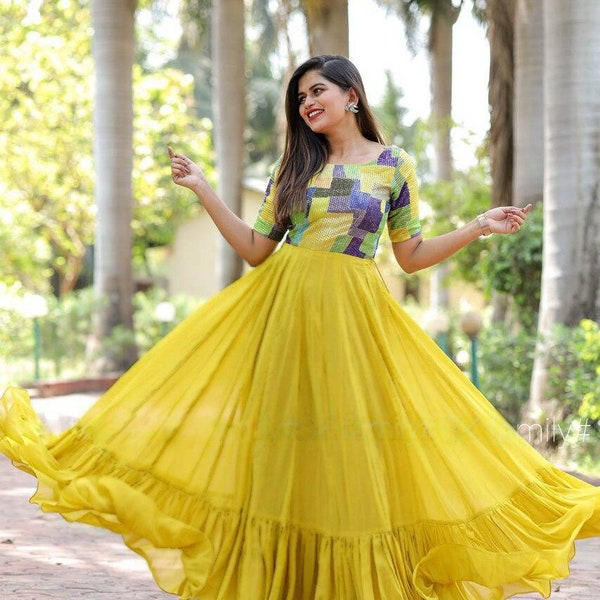 Readymade gown with embroidery, Indo western outfit,Punjabi Suit, Kurta for women, Pakistani suit, Indian Anarkali dress, Yellow Indian gown