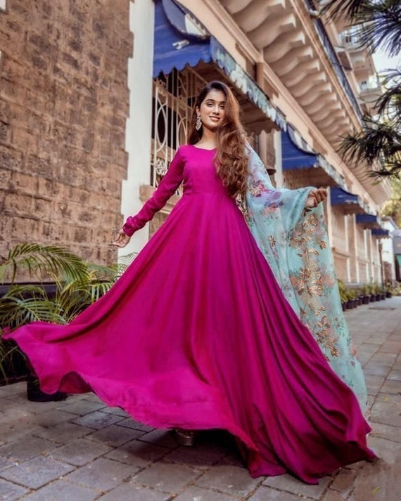 Party Style Stunning Purple Color Georgette Gown With Dupatta