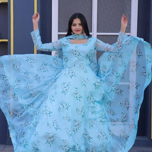 Readymade floral gown with dupatta, Punjabi Suit, Blue Kurta for women, Pakistani suit, Indian Anarkali dress, Maxi gown with dupatta