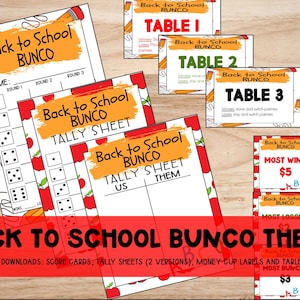 Printable Back to School Theme Bunco Set: Score Card, Tally Sheet (2 Versions), Money Cup Titles, Table Numbers