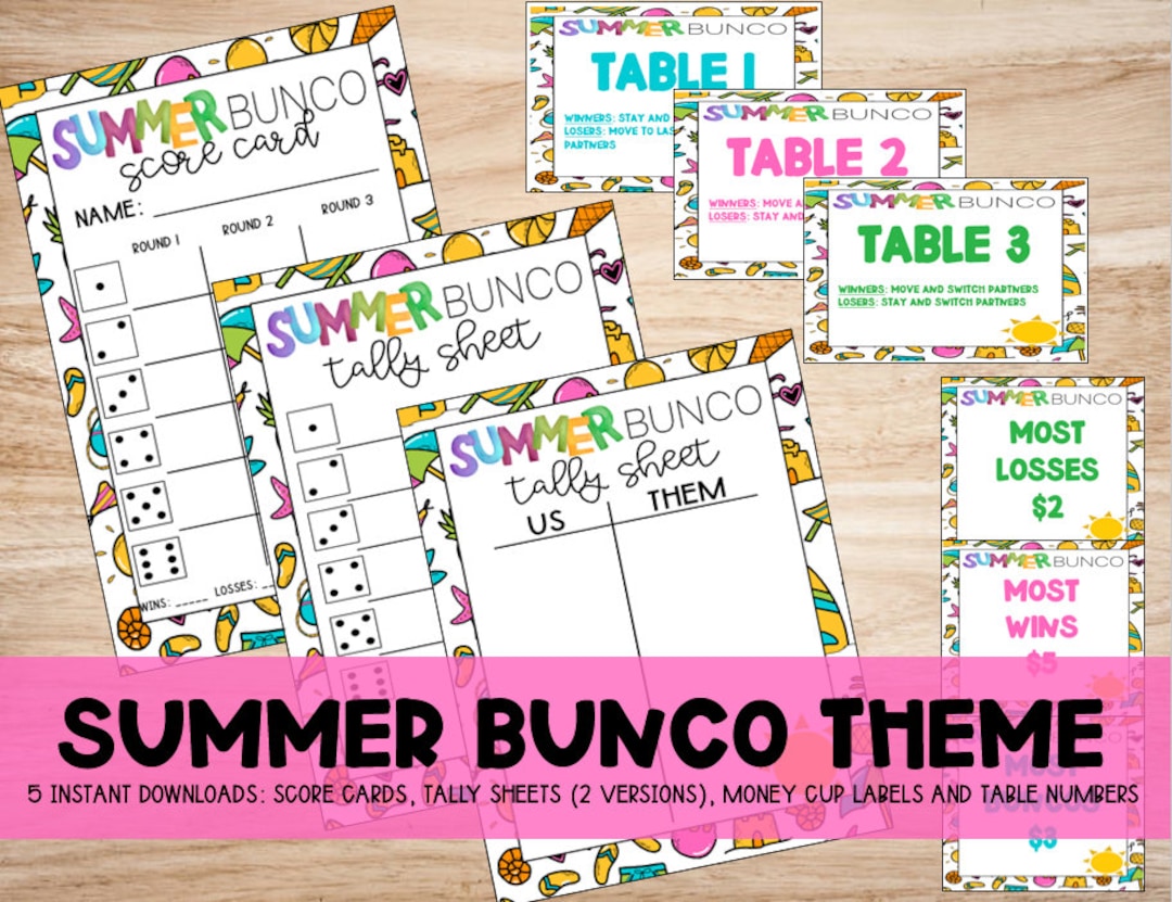 Printable Summer Theme Bunco Set: Score Card, Tally Sheet (2 Versions ...