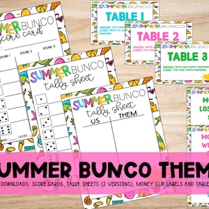 Printable Summer Theme Bunco Set: Score Card, Tally Sheet (2 Versions), Money Cup Titles, Table Numbers