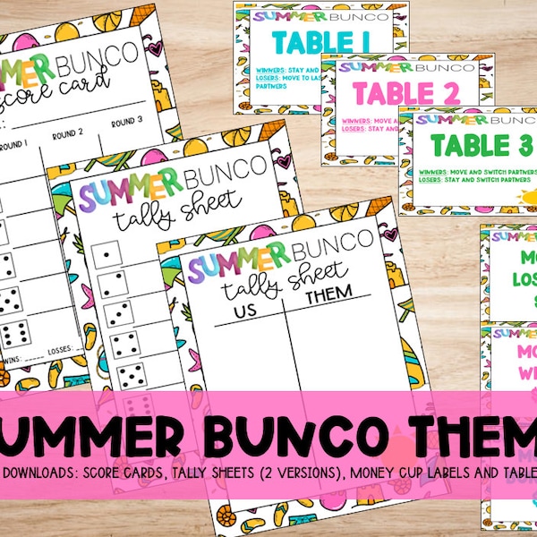 Printable Summer Theme Bunco Set: Score Card, Tally Sheet (2 Versions), Money Cup Titles, Table Numbers