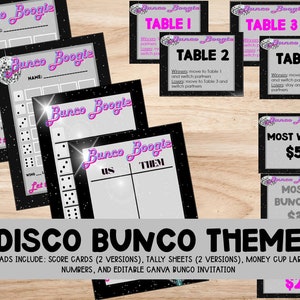 Printable Disco Theme Bunco Set: Score Cards (2 Versions), Tally Sheet (2 Versions), Money Cup Titles, Table Numbers, & EDITABLE invitation