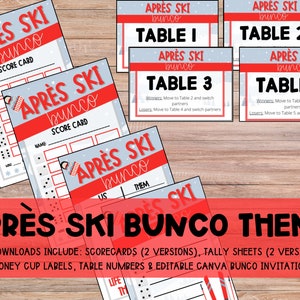 May include: Printable Après Ski Bunco game theme party supplies. Includes scorecards, tally sheets, table numbers, money cup labels, and a customizable Canva invitation.