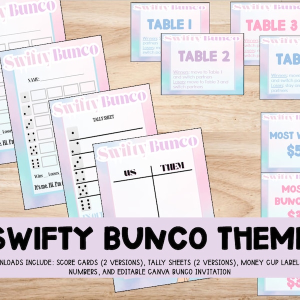 Printable Swifty Theme Bunco Set: Score Cards (2 Versions), Tally Sheet (2 Versions), Money Cup Titles, Table Numbers, & EDITABLE invitation