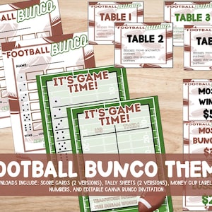 Afdrukbare voetbalbuncoset: scorekaarten (2 versies), telblad (2 versies), geldbekertitels, tafelnummers en BEWERKBARE uitnodiging