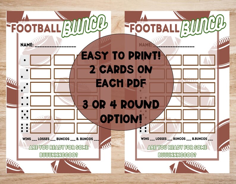 Printable Football Bunco Set: Score Cards (2 Versions), Tally Sheet (2 ...