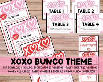 Printable XOXO Theme Bunco Set: Score Cards (2 Versions), Tally Sheet (2 Versions), Money Cup Titles, Table Numbers, & EDITABLE invitation