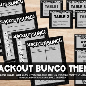 Printable Blackout Bunco Set: Score Cards (2 Versions), Tally Sheet (2 Versions), Money Cup Titles, Table Numbers, & EDITABLE invitation