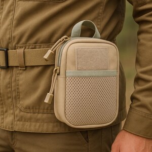 K&ouml;nnte beinhalten: Eine beige Utility-Tasche mit einer Netztasche und einem kleinen Schlaufengriff ist an einem beigen G&uuml;rtel befestigt. Die Tasche hat einen rechteckigen Aufn&auml;her und einen Rei&szlig;verschluss mit beigen Ziehern. Die Person tr&auml;gt eine beige Jacke und Hose.