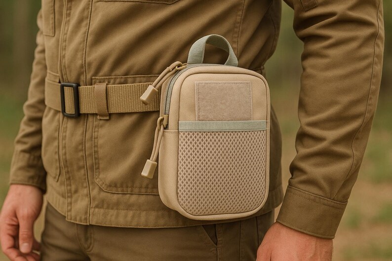 K&ouml;nnte beinhalten: Eine beige Utility-Tasche mit einer Netztasche und einem kleinen Schlaufengriff ist an einem beigen G&uuml;rtel befestigt. Die Tasche hat einen rechteckigen Aufn&auml;her und einen Rei&szlig;verschluss mit beigen Ziehern. Die Person tr&auml;gt eine beige Jacke und Hose.