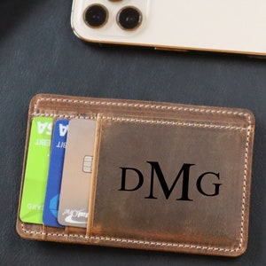 Cartera de cuero real personalizada para él, tarjeta de hombre pequeña grabada y titular de identificación, cartera de bolsillo frontal delgada personalizada, regalo de cuero genuino