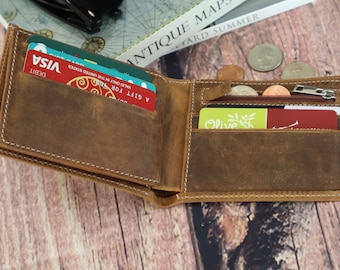 Father's Day Gift Men's Wallet with Zipper for Him, Personalized Men's Wallet, Customized Rustic Wallet, Engraved Leather Wallet with Zipper