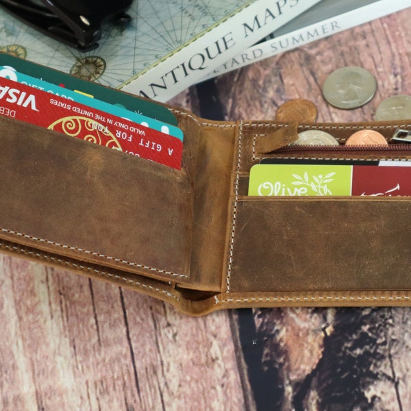 Father's Day Gift Men's Wallet with Zipper for Him, Personalized Men's Wallet, Customized Rustic Wallet, Engraved Leather Wallet with Zipper