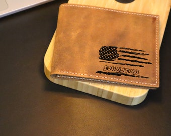 Men's Father's Day Wallet for US Marine Navy Airforce, American Flag Wallet, Customized Rustic Wallet, Engraved Leather Wallet For Him