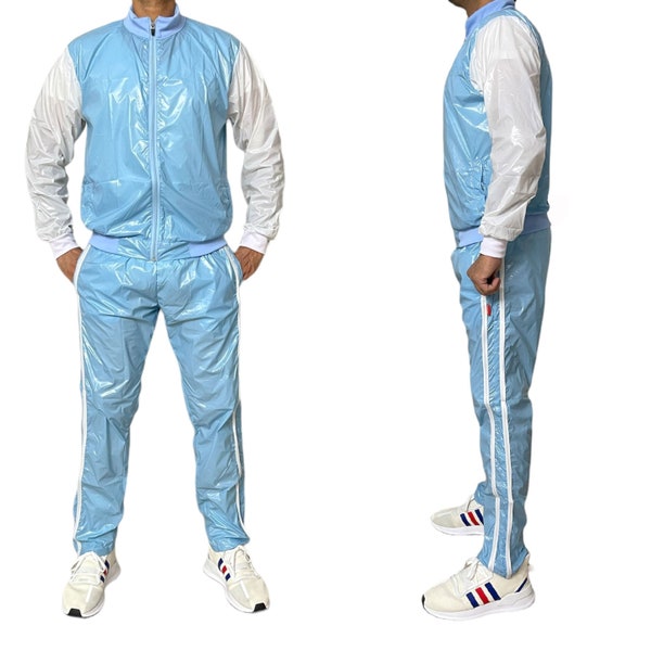 PU nylon sport jogging suit made of PU nylon shiny Sky Blau