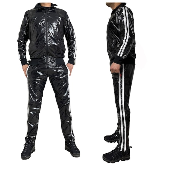 PU nylon sport jogging suit made of PU nylon shiny Black