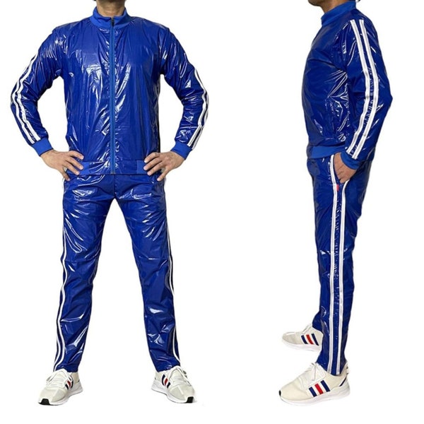 PU nylon sport jogging suit made of PU nylon shiny Blau