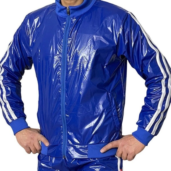 Haut de jogging de sport en nylon PU bleu ciel brillant