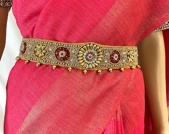 SAREE BELT/Adult size /Waist Belt/Kamarbandh/Vaddanam/Maggam Work belt/Embroidered hip belt/ weddings/Indian Ethnic -Gold-Pink-Green