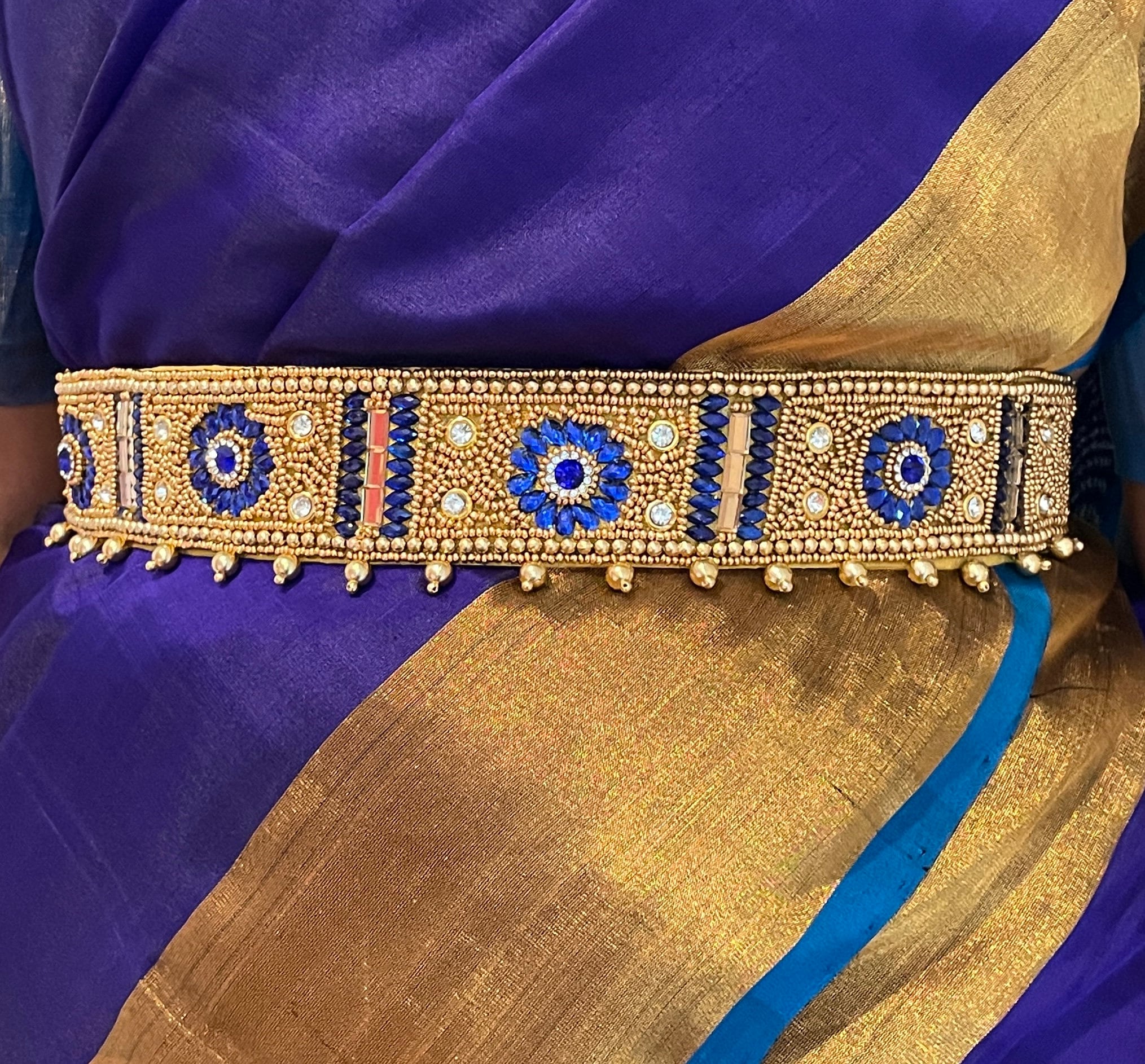 SAREE BELT HIP Belt Adults Size waist Belt Maggam Work Lehenga Belt  Kamarbandh indian Ethnic Gold/blue-read Desc for Waist Size 