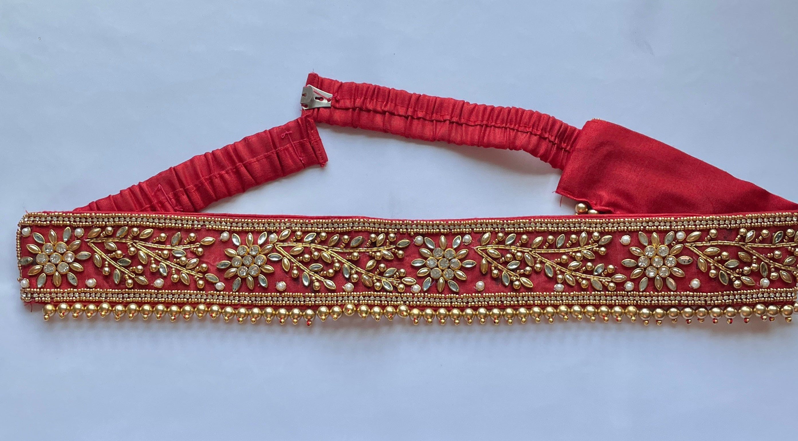 Dark Pink Golden Aari Work Hip Belt With Fastner Saree Belt