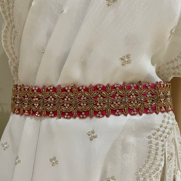 SAREE BELT- Lehenga Belt- Return GIFT-Adults/Waist -Hip Belt/Maggam Work/Indian-Pink, White, Silver and Green- Read Desc for waist size