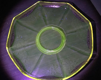 Depression Glass Serving Plate with Gold Paint UV Reactive