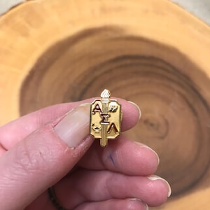 Puede incluir: Un pin dorado con una antorcha en la parte superior y las letras griegas A, Σ y V. El pin rectangular tiene un diseño vertical con detalles en rojo. El pin está en la mano de una persona.