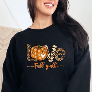 Love Fall Y&#39;All Sweatshirt, Leopard Print Fall Shirt, Hello Pumpkin Tee, Fall Vibes Tshirt, Peace Love Thanksgiving