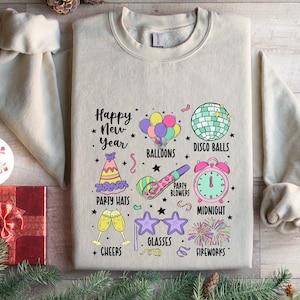 Happy New Year Sweatshirt, 2024 Happy New Year Shirt, Disco Ball Shirt, Cheers to New Year Shirt, 2024 Party Shirt, Cute Xmas Doodles Shirt
