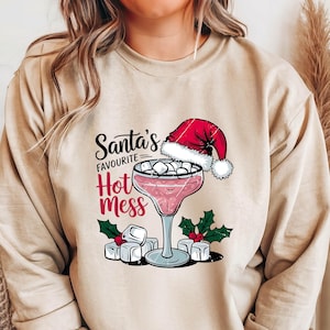 Santa&#39;s Hot Mess Sweatshirt, Christmas Martini Shirt, Christmas Drink T-Shirt, Christmas Party Tee
