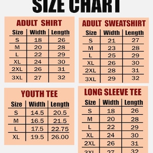 a size chart for different types of clothing, including adult shirts, sweatshirts, and t-shirts, with specific size and length measurements.