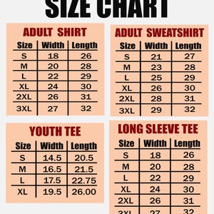 a size chart for different types of clothing, including adult shirts, sweatshirts, and t-shirts, with specific size and length measurements.