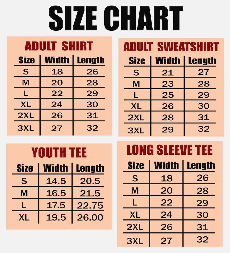 a size chart for different types of clothing, including adult shirts, sweatshirts, and t-shirts, with specific size and length measurements.