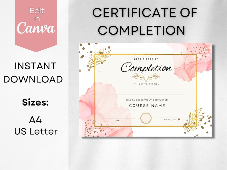 Editable Certificate of Completion Template: Floral Design (canva PDF ...